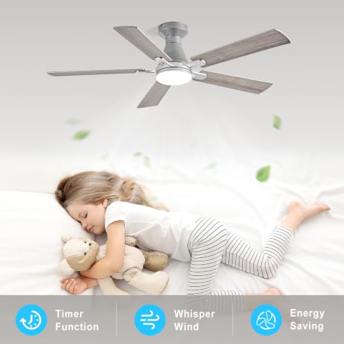 Image of Depuley Modern Ceiling Fan with Light: 42-Inch Nickel Flush Mount Fandelier | Bedroom Indoor Outdoor Use, 5 Reversible Wood Blades, 6 Fan Speeds, Timing Function, Dimmable 3CCT, Remote Control Included