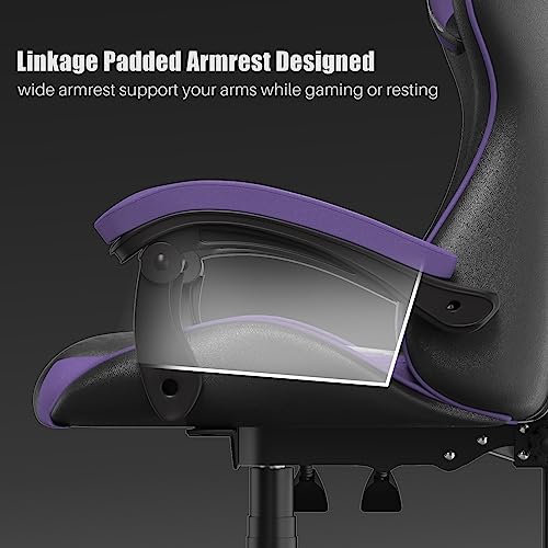 Image of Bigzzia Gaming Office Chair - Leather Ergonomic Video Game Seat With Lumbar Cushion, Headrest & Fixed Armrest for Adult Teen (Purple)