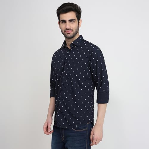 Image of Raymond Men Slim Fit Print Pattern Pure Cotton Cut Away Collar Full Sleeve Casual Shirt