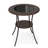 Tangkula 25.5' Wicker Patio Dining Table, Outdoor Round Bistro Side Table with Tempered Glass Top and Storage...