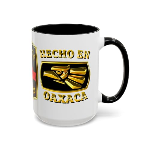 Hecho En Oaxaca (Made In Oaxaca) Design 15 oz Coffee Mug - Mexico Eagle head logo; Taza De Cafe - Gift - Christmas Birthdays Gift; Regalo Navidad (Black Handle)
