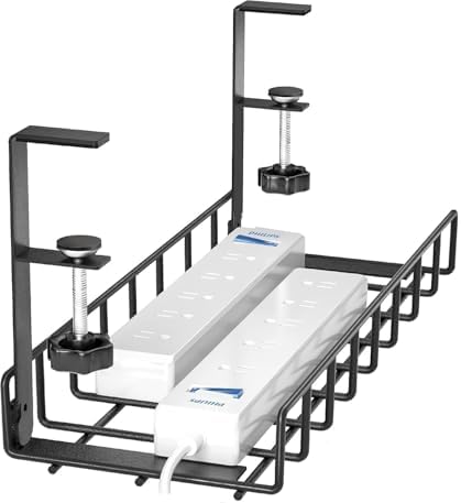 Heavy Duty 1 Pack Under Desk Cable Management Tray, Upgraded Wire Management No Drill No Screws, Cable Tray with Clamp for Desk Computer Cable Rack for Office, Home - No Damage to Desk (BLACK, 1 PACK)