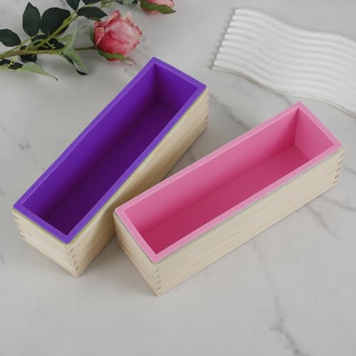 DJAPWPX 3 Pcs Soap Molds 47oz Rectangular Soap Loaf Mold Flexible Silicone Soap Making Molds Kit with Wood Box Non Stick Soap Silicone Mold for Homemade Soap Making DIY Craft (Pink+Purple)