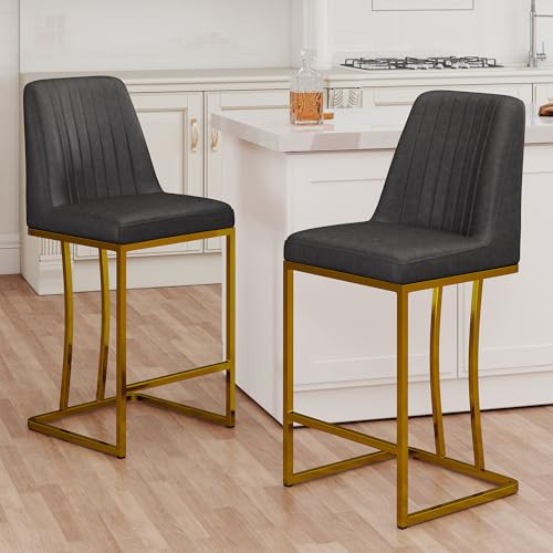 Image of LSSBOUGHT Counter Height Bar Stools Set of 2, Gray Counter Stools with Back and Gold Metal Frame,Modern Barstools with Footrest, Upholstered Pu Bar Chairs for Kitchen Island(2pcs,Dark Gray)