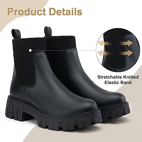 Jeossy Women’s Chelsea Chunky Ankle Boots Elastic Platform Lug Sole Short Pull on Low Heel 9610 Booties3