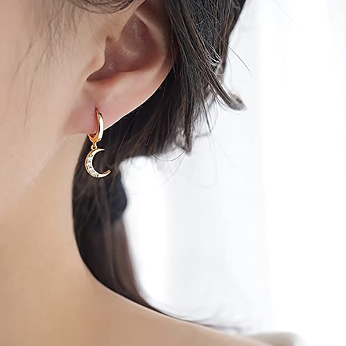Reffeer Solid 925 Sterling Silver Moon Star Dangle Earrings Hoop for Women Teen Girls CZ Moon Star Hoop Earrings Huggie Dangle Earrings Asymmetrical2