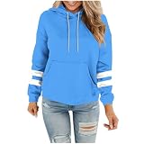 Womens Hoodies Pullover Double Striped Long Sleeve Sweatshirts Fall Fashion Workout Athletic Tops With Pockets & Hoods Light Blue