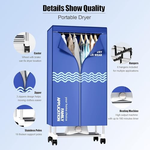 Stendino Elettrico Asciugabiancheria Asciugatrice, Asciugatrice Portatile Con Timer, Armadio Per Asciugare La Biancheria Da 60 Pollici Con Grande Capacità (Blu HI5) - 2