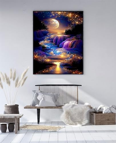 CHWGLFGG 5D Diamond Painting Kits for Adults Beginners, Moonlight Waterfall Diamond Art Kits, DIY Full Round Drill Night Moon Landscape Paint with Diamonds Gem Art, Home Wall Decor 12 x 16 Inch - Thumbnail 2