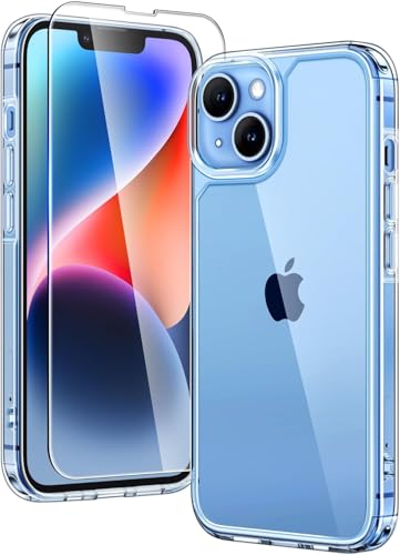 TAURI Coque pour iPhone 14 Plus avec Protection D'écran en Verre Trempé, Protection Militaire,Coque Bumper Transparente Antichoc - Transparent
