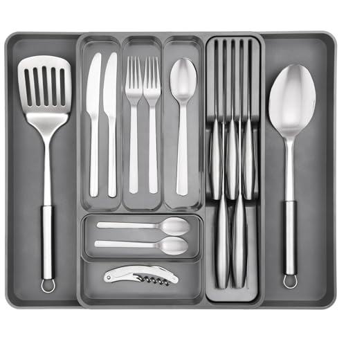 Image of Aroja Expandable Kitchen Drawer Organizer, 8-Slot BPA-Free Plastic Utensil Tray, Adjustable Flatware and Cutlery Holder for Spoons, Forks, and Knives, Kitchen Storage and Organization (Dark Grey)