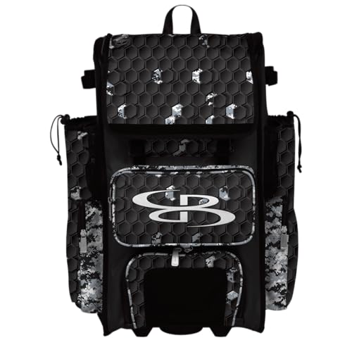Boombah Rolling Superpack Baseball/Softball Gear Bag - Telescopic Handle - Holds 4 Bats - Wheeled Version - 3DHC Breakout Black/Gray/White