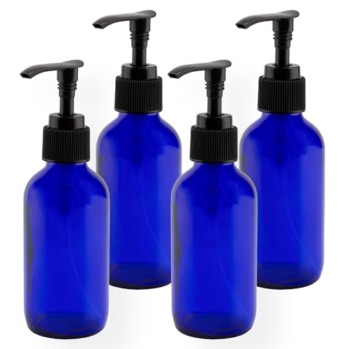 Cornucopia Brands 4-Ounce Cobalt Glass Pump Bottles (4 Pack), for Aromatherapy, Lotions, Soaps & More
