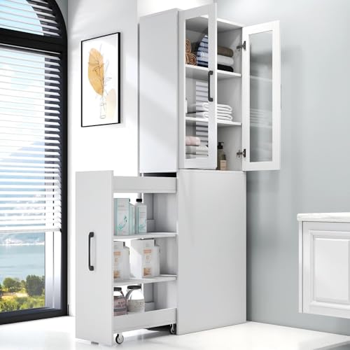 DMAITH Tall Narrow Storage Cabinet Glass Doors and Rolling