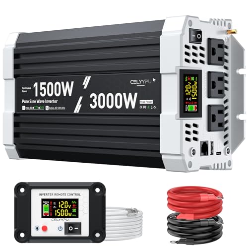 Image of 1500 watt Pure sine Wave Inverter, 12V DC to 110V AC Power Inverter, Used for Solar Emergency Power Supply in RV Homes, with 3 AC Output sockets, USB Port, Type-C Port, Remote Control with LCD Screen
