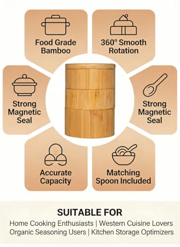 DegoCython 3-Layer Bamboo Salt Container with Magnetic Lid and Spoon, Large Capacity 10.5 Oz (Approx 287.7g) - Ideal for Celtic Sea Salt, Redmond Real & Pepper Storage — view 6