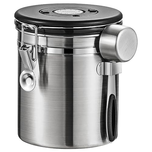 コーヒー豆 保存容器 コーヒーキャニスター 密閉容器 大容量 計量スプーン付き 保存缶 ステンレススチール製 排気バルブ付き 食品密封貯蔵缶 キッチン用品 茶筒 お菓子 香料 小麦粉 珈琲 砂糖入れ日付表示 防湿 鮮度保持 酸化防止多目的 (1800ML,