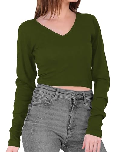 Image of THE BLAZZE Women's Cotton Stretchable Solid V Neck Long Sleeve Regular Fit Crop Top T-Shirt for Women L412