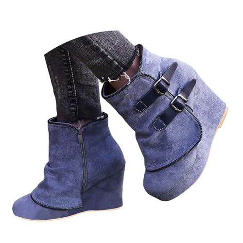 Women's Wedge Platform Ankle Boots Faux Suede Zip Up Double Metal Buckle Vintage Booties for Women Chunky Wedges High Heel Round Toe Fashion Comfortable Casual Short Boots Pumps Shoes(Grey,8.5)