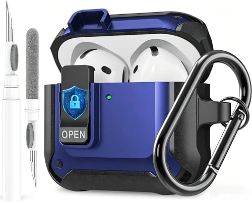 Image of Olytop for Airpods 4 Case with Lock Clid, Rugged Apple Airpods 4th Generation Cover 2024 Men Women, Armor Shockproof iPod 4 Gen Protective Hard Shell with Carabiner&Cleaner kit, Black /Blue