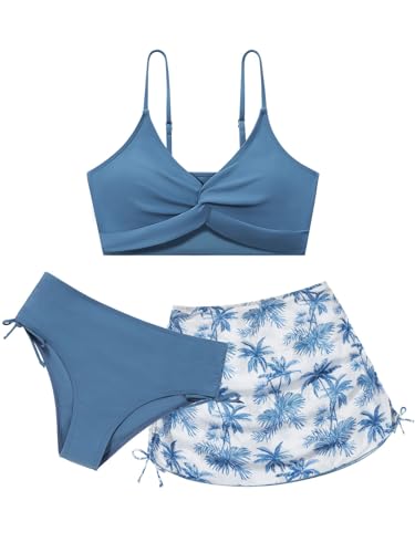 Image of 3 Pieces Knot Girls Bikini Set with Skirts Spaghetti Strap Beach Bathing Suit Swimwear Girl's Stitch Swimsuits Size 8 9 10-12 12-14 15 16 Years