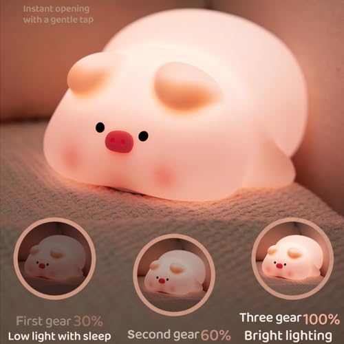 Image of Cute Pig Night Light, 3 Level Dimmable Nursery Nightlight, Kawaii Lamps Squishy Silicone Rechargeable Touch Lamp, Best Gift for Kids Adults Room Decor