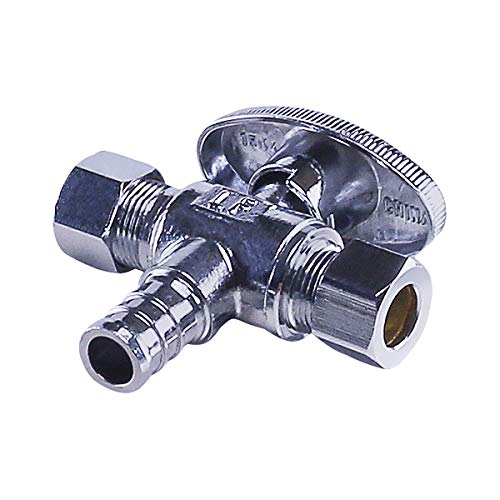 Image of Midline Valve 86351QS-OM-5 Water Supply Angle Stop Valve; Dual Outlet; Quarter Turn Wheel; for Toilet, Sink, Dishwasher; 1 /2'' PEX x 3 /8'' x 3 /8'' Compression; Chrome Plated Brass (5 PK)
