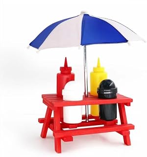 Decorative Picnic Table Condiment Holder Set With Umbrella Red Finish