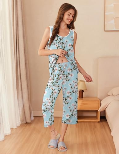 Image of Ekouaer Capri Pajama Sets for Women 2 Piece Soft Cute Pjs Round Neck Sleeveless Lounge Set for Summer Sleepwear S-XXXL