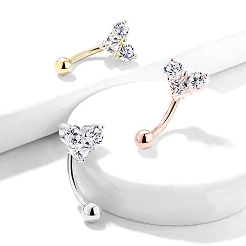 Amelia Fashion 16 Gauge Three Prong Set Round And Square Cz Heart Curved Barbell/Eyebrow Ring 316L Surgical Stainelss Steel (Choose Color) (Rose Gold/Clear) #TOP2