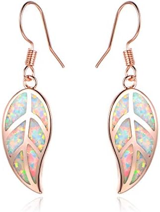 Barzel 18K Rose Gold Plated Created White Opal Leaf Drop Earrings (Rose Gold)