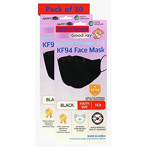 (Pack of 30) Premium 3D Disposable Black Kids KF94_ Face Mask, Youth Mask, Age 5-15 Old, 4-Layer Filters, KF94 Masks, Good Day, Mouth Covering Dust Mask, Individual Packs, Made in Korea. (30) Cover