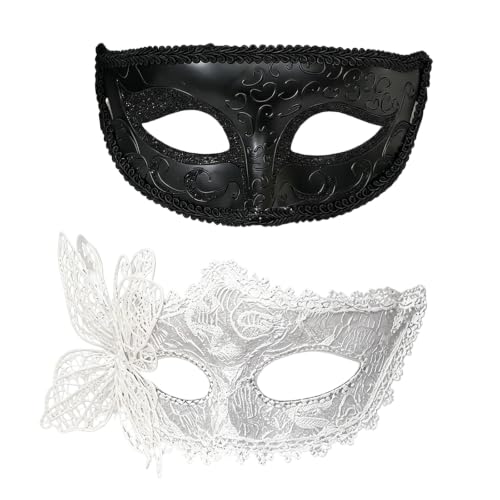 Rudfovn 2 Pcs Masquerade Mask Venetian Masquerade Ball Masks for Women Men Couples Adults the Mask Costume Party (Black and White)