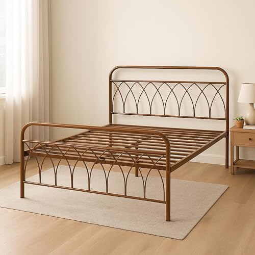 Image of Jexx Metal Queen Size Bed Without Storage | Wrought Iron Double Bed with Headboard & Footboard | Sturdy Powder Coated Platform Bed Queen Size Cot for BedroomLivingRoom Brown (75x60)