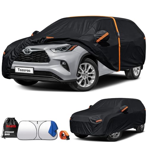 Toyota Highlander Car Cover Waterproof All-Weather with Windshield Sun Shade and Breathable Vents,Driver Door Zipper,Heavy Duty UV-Resistant (Includes a Towel)