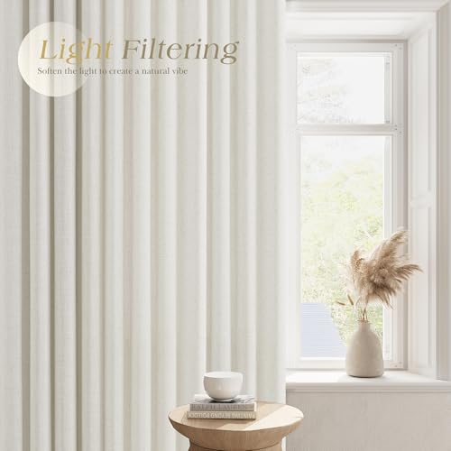 Image of Nanspring Cream Linen Curtains 90 Inches Length for Living Room Dining Room Sunlight Filtering Minimalist Room Decor Grommet 2 Panels Window Sheer Curtain Modern Boho Neutral Muslin Look Drapes 52x90