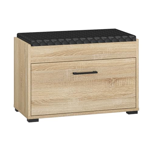 Lomadox Schuhbank Flurbank Garderobenbank Bank Garderobe gepolstert in Eiche hell Sitzpolster schwarz gesteppt 69,8x48x33,7 cm