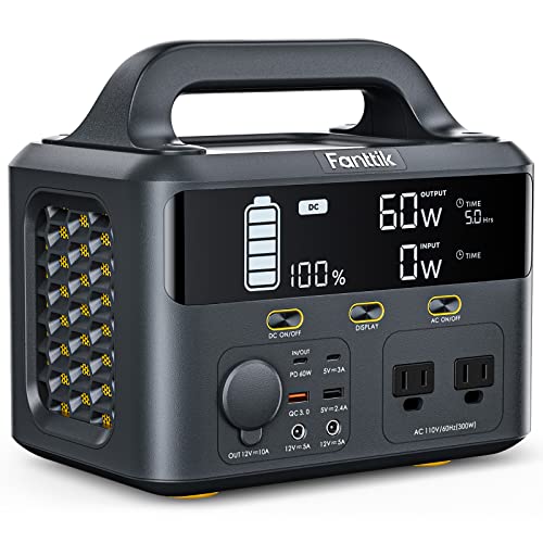 Fanttik Portable Power Station EVO 300, 299Wh Backup Lithium Battery with Ultra Large Digital Screen, 2 AC 110V/300W(Peak 600W) Pure Sine Wave Outlets, Solar Generator (Solar Panel Not Included) for Outdoors Camping Travel Hunting RV Home Emergency