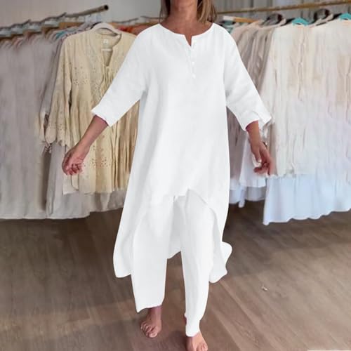 Generic Women's Linen Outfit - Two Piece Set - Pink - Casual - Maxi Dress & Wide Leg Pants - 3/4 & Long Sleeve - Adult4