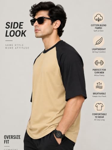 Image of Oversized T Shirt for Men Gym, Gym T Shirts for Men Workout Oversized, Cotton Blend, Color Blocked (Pack of 1)
