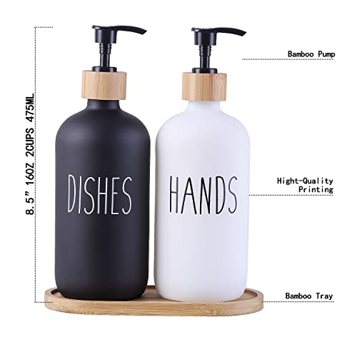 Black Glass Dish Soap Dispenser For Kitchen Sink By Brighter Barns - Modern Kitchen Soap Dispenser Set With Tray - Bamboo Bottle With Pump - Boho Home