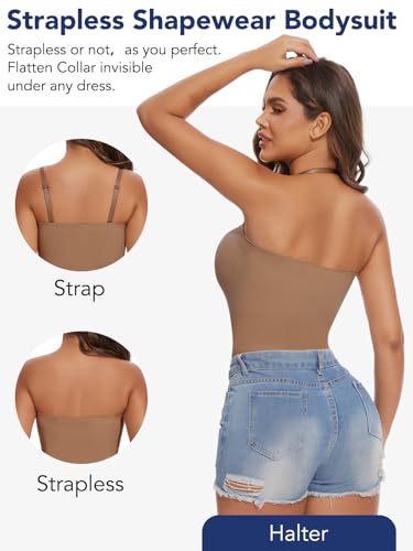 SHAPERIN Strapless Shapewear for Women Tummy Control Bodysuit Tube Tops Body Suit Thong Body Shaper Leotard Top Coffee S — view 4