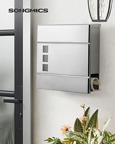 SONGMICS Stainless Steel Mailbox, Lockable Wall-Mounted Post Letter Box with Newspaper Holder, Easy to Install, Modern, Silver GMB052S02
