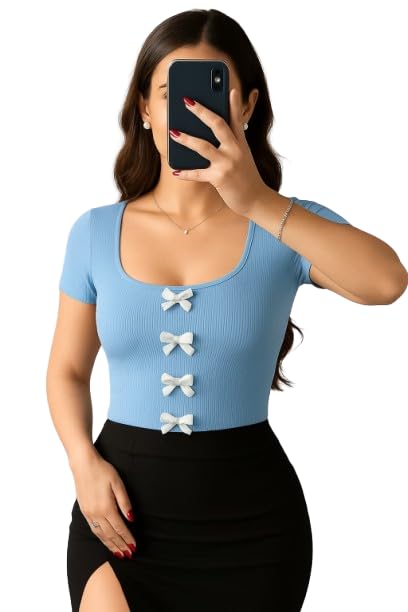 Women's Square Neck Top with White Bow Details, Short Sleeve, Fitted Style-picture-45
