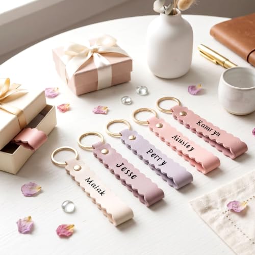 Image of Scalloped PU Leather Keychain Blanks Laser Engraving Blanks Loop Keychain Kit with Key Ring for DIY