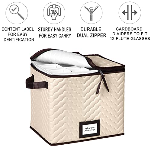 Hold N’ Storage Wine Glass Storage Box With Dividers – Holds 12 Champagne Flutes Up To 10” H – Protects Fine China - Durable Quilted Microfiber Bin With Dividers And Carry Handles. #TOP1