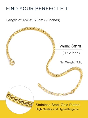Image of ChainsPro Resizable Anklet Chain for Women Men, Figaro /Wheat /Twist Rope /Cuban Foot Bracelet-Strong with Good Clasp-18K Gold Plated(Send Gift Box)