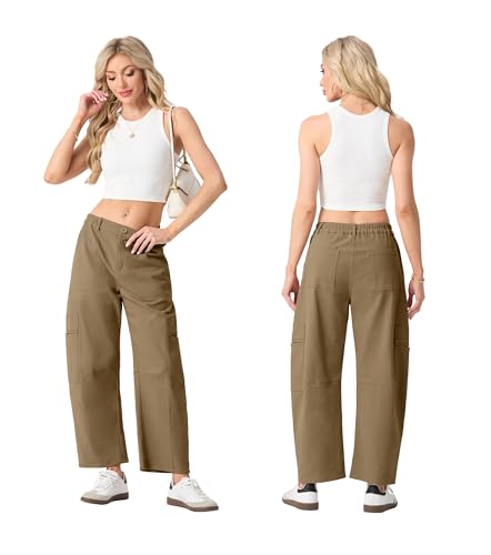 Lepunuo Womens Barrel Cargo Pants Casual Baggy Stretchy Elastic Waisted Wide Leg Jeans Y2k Streetwear with 6 Pockets4