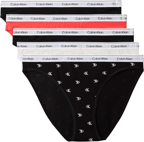 Image of Calvin Klein Women’s 5 Pack Bikini Briefs Low Rise Underwear, Multicolor (Black/Black/Snow Heather/Punch P), L