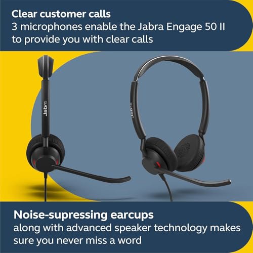 Jabra Engage 50 II - Micro-casque filaire stéréo avec contrôle d’appels Link - 3 micros à réduction de bruit et câble USB-A - Fonctionne avec les plateformes UC telles que Zoom & Unify - Noir